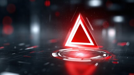 A glowing red triangle symbol emerges above a futuristic digital surface, surrounded by glowing lines and abstract shapes, creating a sci-fi ambiance.