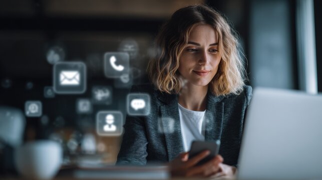 Woman using smartphone with digital icons for communication email calls and chat
