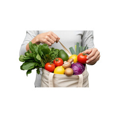 Woman Holding Reusable Bag Full of Fresh Vegetables and Fruits on Black Background