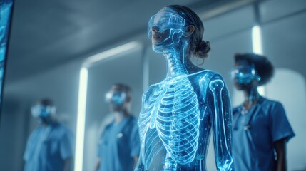 Medical professionals view holographic anatomical models in a futuristic laboratory