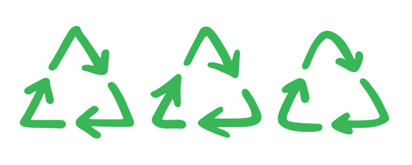 Set of hand drawn recycle arrow icon Recycling resources symbol Reuse of materials, zero waste, green environment, saving the planet