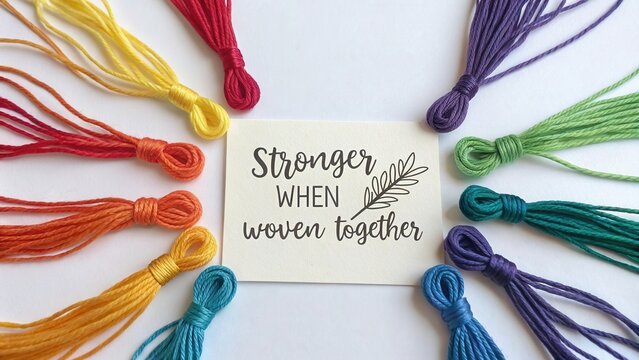 Colorful Threads Arranged in Circle Around Inspiring Quote About Strength in Unity and Togetherness in Crafting