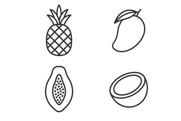 Black and white tropical fruit icons: pineapple, mango, papaya, coconut