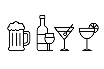 Variety of alcoholic drinks: beer, wine, martini, and cocktail line icons