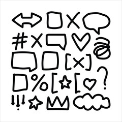 Collection of hand drawn doodle icons and symbols in black and white