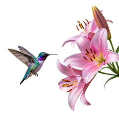 Obraz premium Hummingbird flying near pink lily flower isolated on transparent background