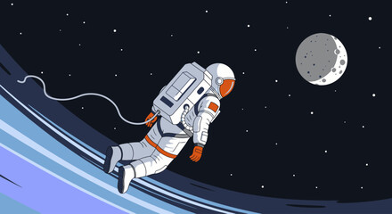 Astronaut floating in outer space near a curved planet with the moon in the background, a cosmic adventure.