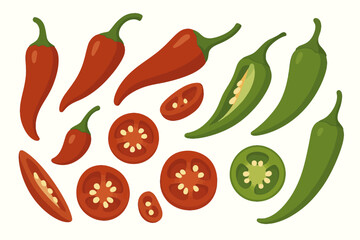 Assorted red and green peppers and sliced tomatoes on white background