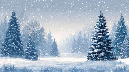 Winter Christmas scenic snowy landscape with evergreen fir trees soft golden bokeh lights and falling snow clean copy space ideal holiday background for greeting cards web banners and social media