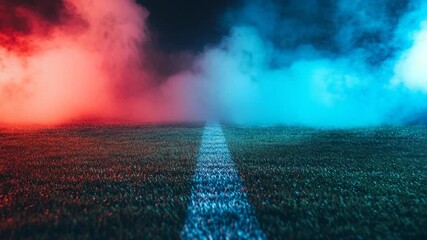 Futuristic football field illuminated with red and blue smoke under dramatic lighting, competition, teamwork, sports energy, technology in athletics, digital atmosphere modern sporting event concept. - Powered by Adobe