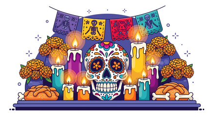 Vibrant Day of the Dead altar with a decorated sugar skull, glowing candles, marigold flowers, and traditional papel picado banners.