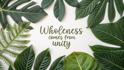 Natural Green Leaves Arrangement with Inspirational Quote about Unity and Wholeness on Light Wooden Background