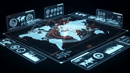Futuristic digital map interface displaying global data analytics and trends - Powered by Adobe