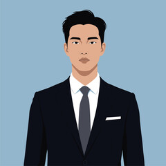 Professional Asian Businessman in Dark Suit and Tie. Corporate Executive Portrait. Formal Male Attire Illustration.