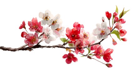 Obraz premium Watercolor Painting of Blooming Cherry Blossom Branch with Red and White Flowers
