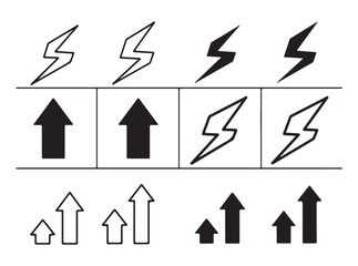 Lightning bolts and arrows in a grid pattern, some filled, some outlined.