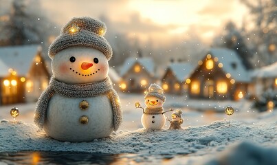 Obraz premium Charming Snowman Family Gathers in a Cozy Winter Wonderland Scene
