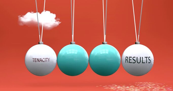 Tenacity leads to results. Cause and effect relation between tenacity and results. A Newton cradle metaphor in which tenacity ignites results, sets it in motion.Can be looped.