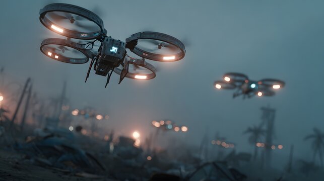 Drones flying over a destroyed city at dusk with smoke and fire in the background