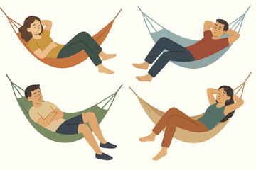 Relaxing caucasian and hispanic adults lounging in hammocks with content expressions