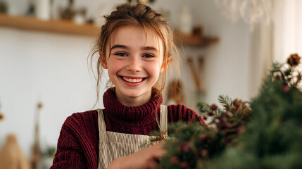 Happy child girl making Christmas wreath with evergreen branches at home workshop. Smiling kid in burgundy sweater and apron crafting festive holiday decoration, seasonal DIY craft and creative hobby.