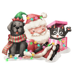 Watercolor cartoon illustration of Santa Claus tangled in Christmas lights, sitting with a black Labrador dog wearing elf hat and surprised tuxedo cat popping out of gift box. Hand drawn painting.