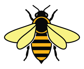 A stylized graphic illustration of a honeybee with yellow wings and a striped abdomen on a white background.