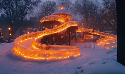 Magical Winter Wonderland Playground Illuminated with Warm Fairy Lights at Twilight