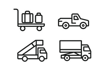 Simple outline icons of luggage cart and trucks including pickup and delivery vehicles