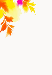 Warm-toned watercolor splashes and stylized leaves in a corner composition, perfect as an autumn background with elegant open space for your content