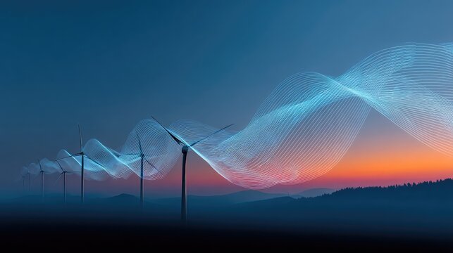 Ethereal Waves of Wind Energy in a Twilight Landscape Featuring Modern Wind Turbines Surrounded by Soft Hues of Orange and Blue in a Tranquil Setting