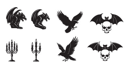 A set of black gothic horror icons featuring gargoyles, ravens, skulls with bat wings, and candelabras on a white background.