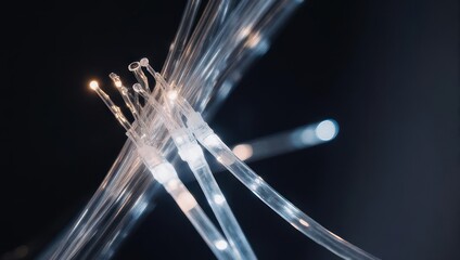 Close-up of illuminated, translucent optical fibers against a dark background, abstract concept