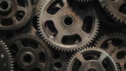 Close-up shot of interconnected metal gears, illustrating intricate mechanics and machinery
