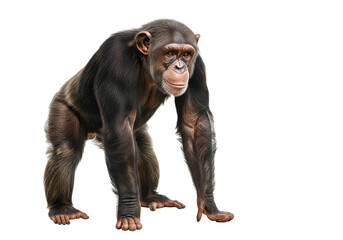 Naklejka premium A full shot of a chimpanzee, standing upright against a black backdrop, showcasing its detailed fur and muscular physique.