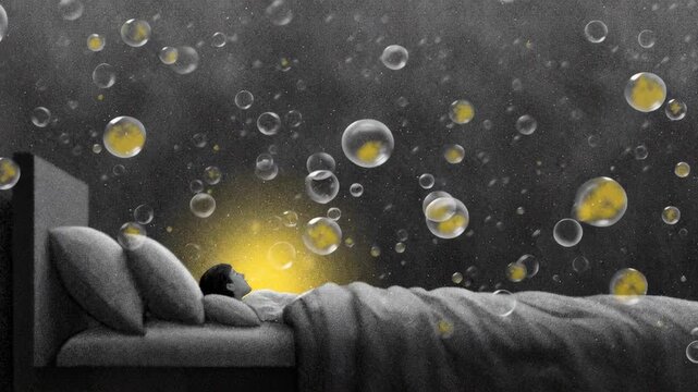 Dreamy sleep with floating bubbles in a calm room during night hours