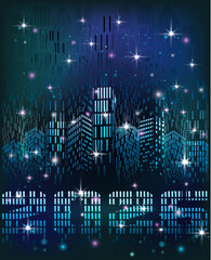 Happy New year  2026 in Futuristic Night City card, vector illustration