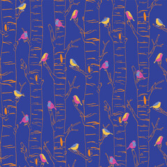 A serene seamless pattern featuring delicate hand-drawn birds perched on birch tree branches. The minimalist line art and warm and vibrant colors evoke calm woodland charm and Scandinavian simplicity.
