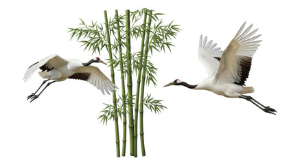 Isolated Red-crowned cranes flying near bamboo, birds in flight, nature scene, wildlife art