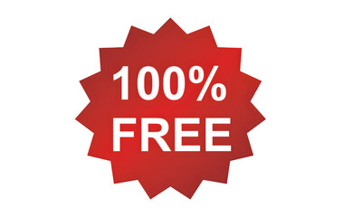 100% Free red starburst label badge, promotional offer sticker, sale discount sign, marketing banner for free products, isolated vector on white background