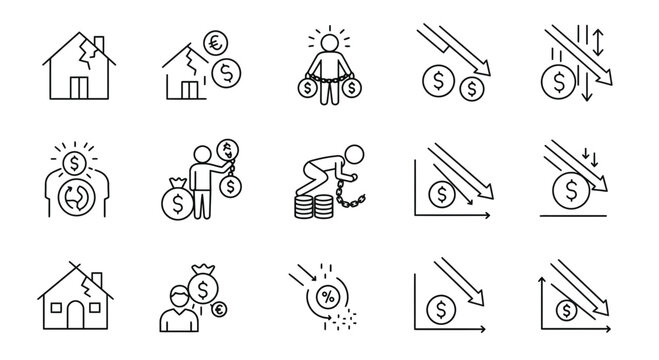 Financial crisis and economic decline outline icon set on a white background