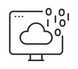 Cloud computing icon displayed on computer monitor with binary code elements