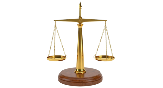 Isolated golden scales of justice, symbol of law and fairness, balance and equality concept