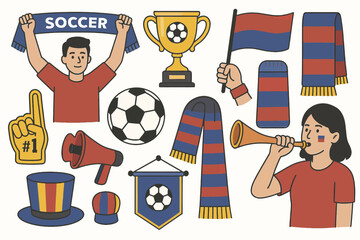 Soccer fans celebration: cartoon male and female fans with flags and trophy