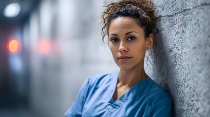 Weary female nurse in blue scrubs leans against a concrete wall in a hospital corridor deep in thought