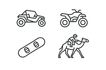 Outline icons of atv, dune buggy, snowboard, and camel rider