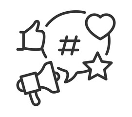 Social media engagement icons: thumbs up, heart, hashtag, megaphone, star