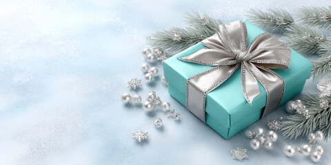 Professionals turquoise gift box silver ribbon winter ornaments snowflake evergreen branch elegant holiday present joyful scene