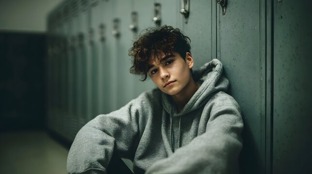 A teen boy in a grey hoodie sits alone leaning against lockers in a school hallway looking contemplative - Powered by Adobe