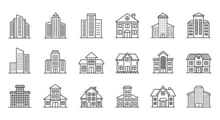Fototapeta premium Simple outline vector set of various city buildings and residential houses